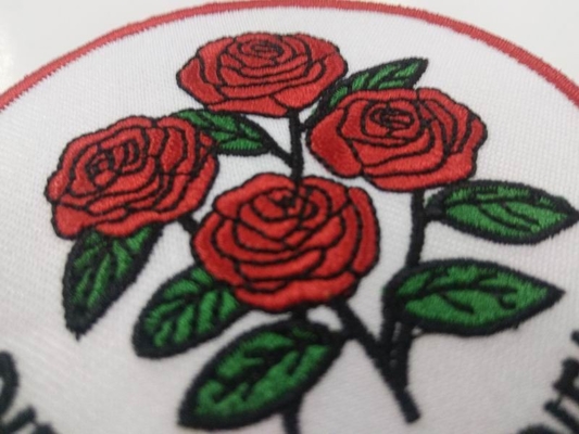 custom design logo red rose round embroidery patch for clothing