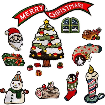 Christmas Embroidered Iron On Patches Applique Blue Merrow Border For Craft Clothing