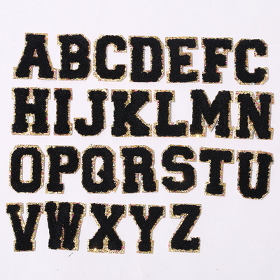 A-Z Embroidered Alphabet Letters Gold Glitter Border Iron On Chenille Patches