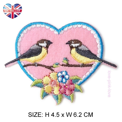 Love Heart Twin Birds Full Embroidered Applique Iron Sew On Patch Badge