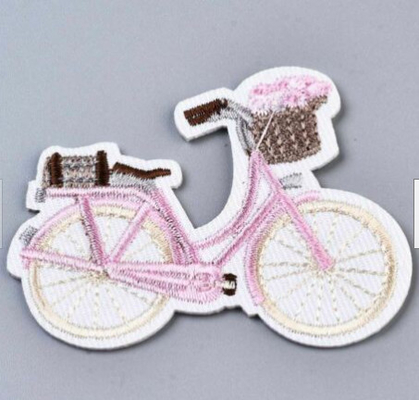Pink Bicycle Embroidered Patch Iron On Backing twill fabric For Clothing