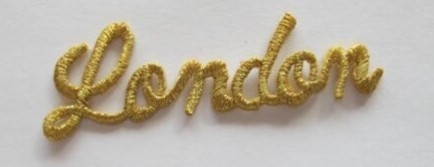 Gold Word LONDON Embroidered Applique Patches Iron On Backing Sustainable